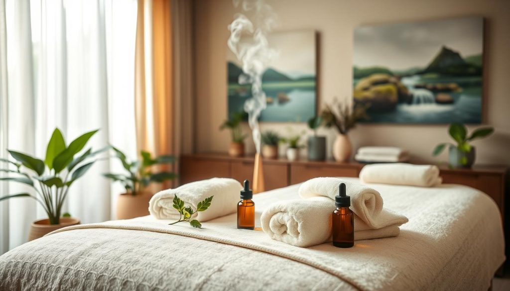 A serene spa environment showcasing a tranquil massage room, softly illuminated by natural light filtering through sheer curtains. In the foreground, an elegant massage table adorned with luxurious, plush towels and aromatic essential oils, conveying comfort and relaxation. In the middle, a gentle steam rises from a diffuser, creating a calming atmosphere, while a selection of health-focused plants adds a touch of nature. The background features soothing artwork depicting peaceful landscapes and flowing water, enhancing the sense of serenity. The mood is relaxing and rejuvenating, perfectly capturing the essence of massage therapy and its benefit of enhancing blood circulation. The colors are warm and inviting, with soft greens and earth tones dominating the scene.