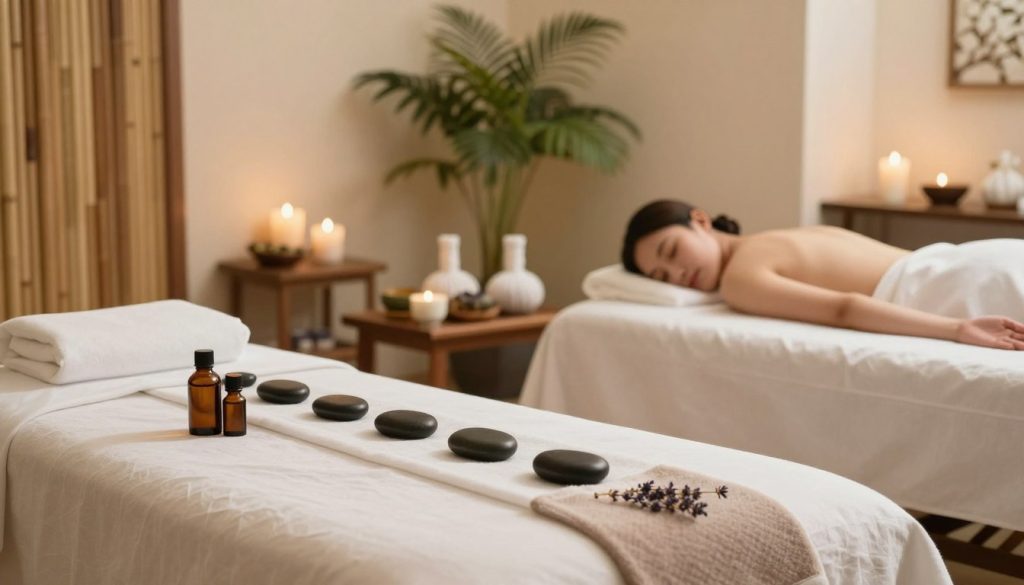 A serene spa environment showcasing a variety of massage types. In the foreground, a beautifully arranged massage table with soft white linens, essential oils, and smooth stones, meticulously presented. In the middle ground, a selection of calming elements like herbal tea cups and lavender sachets, representing relaxation and rejuvenation. The background features soothing, natural decor with soft green plants, a bamboo wall, and gentle, diffused lighting creating a tranquil atmosphere. The room is softly illuminated to evoke a sense of peace and serenity. The scene should have a warm color palette, inviting visitors to discover the different massage options available, emphasizing the balance between classic and specialized treatments without including any human figures.