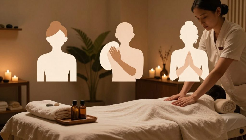 A serene spa environment showcasing various massage techniques and types. In the foreground, a beautifully arranged massage table with soft linens and essential oil bottles, radiating tranquility. In the middle, visual representations of different massage techniques like Swedish, deep tissue, and aromatherapy are illustrated through elegant, abstract shapes or soft silhouettes. The background features a calming atmosphere with dim, warm lighting accentuated by soft shadows, plants, and soothing decor elements such as candles and pebbles, enhancing the relaxation theme. The overall mood conveys peace, wellness, and professionalism, inviting viewers to immerse themselves in the essence of massage therapy. A serene spa environment showcasing various massage techniques and types. In the foreground, a beautifully arranged massage table with soft linens and essential oil bottles, radiating tranquility. In the middle, visual representations of different massage techniques like Swedish, deep tissue, and aromatherapy are illustrated through elegant, abstract shapes or soft silhouettes. The background features a calming atmosphere with dim, warm lighting accentuated by soft shadows, plants, and soothing decor elements such as candles and pebbles, enhancing the relaxation theme. The overall mood conveys peace, wellness, and professionalism, inviting viewers to immerse themselves in the essence of massage therapy.