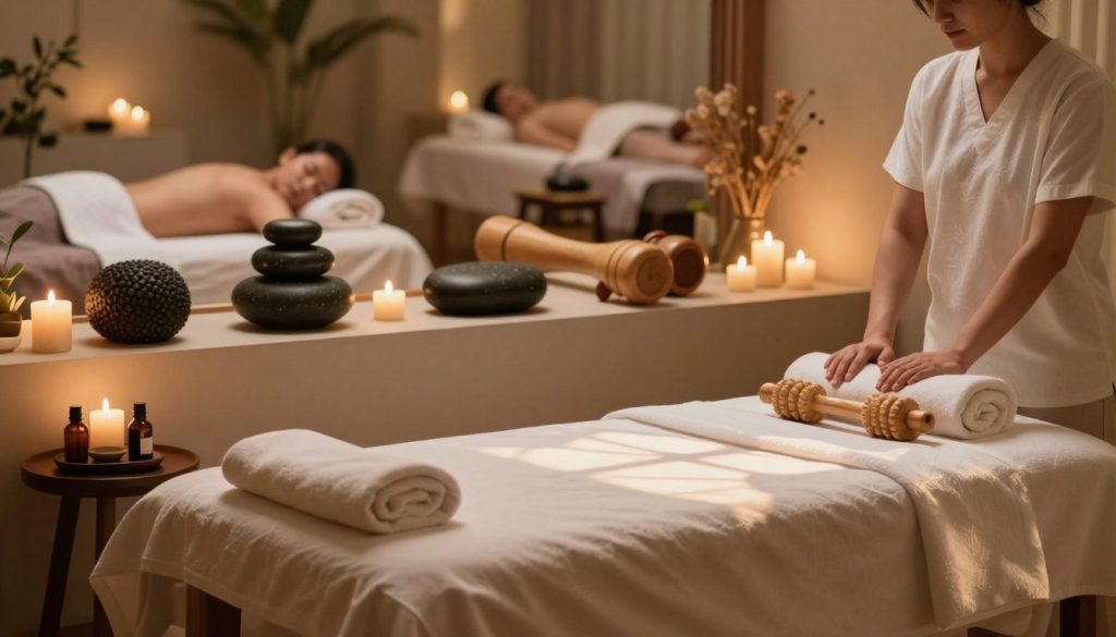 A serene spa environment showcasing various massage types and techniques. In the foreground, an elegant massage table adorned with luxurious linens, accompanied by essential oils and candles creating a calming atmosphere. In the middle, detailed depictions of different massage tools, such as textured stones and wooden massage rollers, arranged artistically to represent various techniques like Swedish, deep tissue, and aromatherapy. In the background, soft-focus images of tranquil spa rooms with soothing lighting, soft colors, and natural elements like plants to enhance relaxation. The overall mood is peaceful and inviting, conveying a sense of rejuvenation and wellness, with a warm light casting gentle shadows enhancing the serene atmosphere.