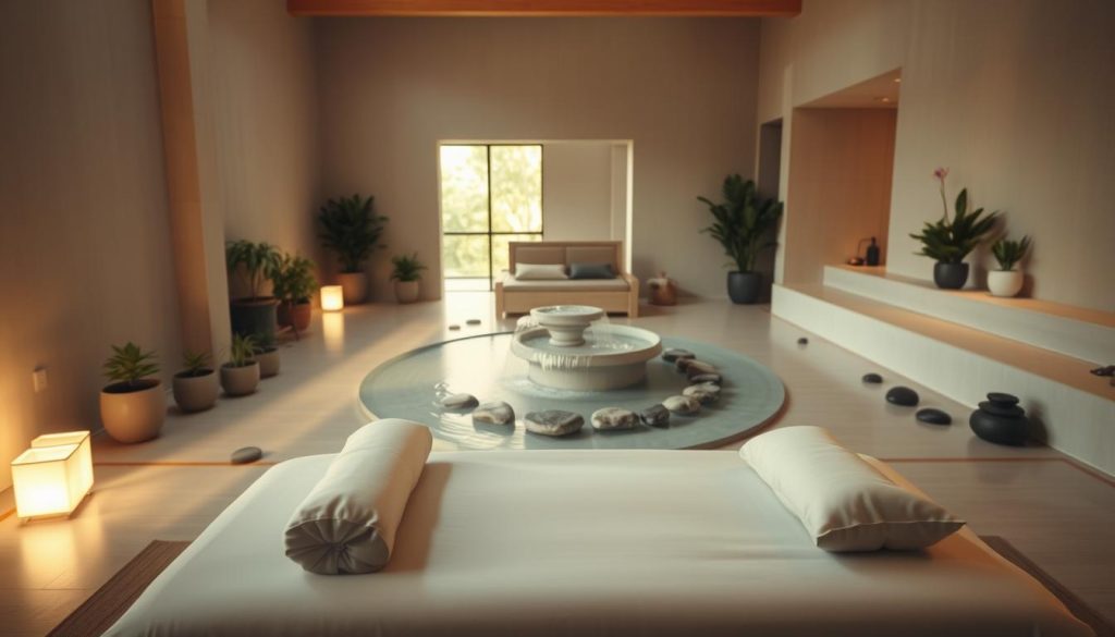 A serene spa interior with soft, diffused lighting creating a warm, inviting atmosphere. In the foreground, a masaj table with luxurious linens and ergonomic pillows, awaiting a tranquil massage experience. The middle ground features a decorative water feature, its gentle sounds promoting a sense of calm. Scattered around the room are various natural elements like potted plants and smooth river stones, enhancing the peaceful, restorative ambiance. The background showcases high ceilings, minimalist decor, and large windows allowing natural light to flood the space. An overall harmonious, soothing environment that evokes feelings of deep relaxation and rejuvenation.