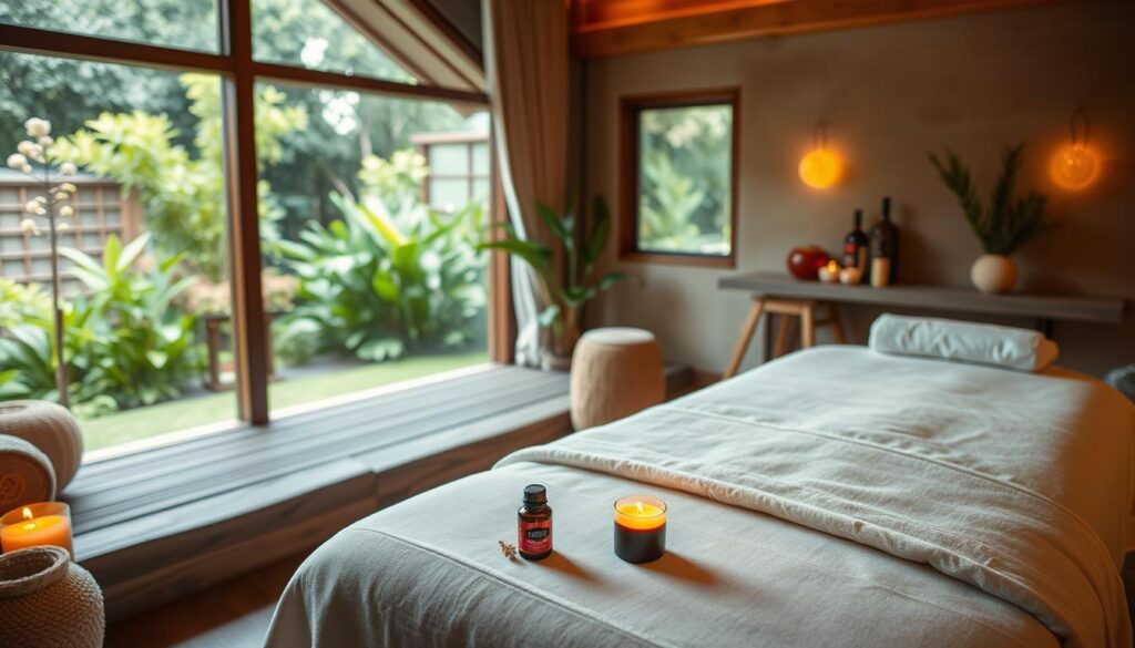 A serene spa-like oasis, softly lit with warm ambient lighting. A tranquil indoor setting with plush, earthy-toned furnishings and natural materials like wood and stone. A large window overlooks a lush, verdant garden, allowing natural light to filter in. In the foreground, a massage table draped in crisp, white linens, with a set of aromatherapy candles and essential oils nearby, exuding a calming fragrance. The overall atmosphere is one of soothing relaxation, wellness, and rejuvenation.