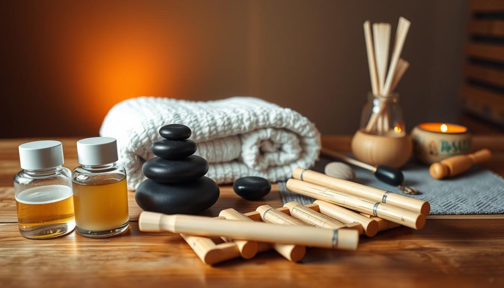 A serene, spa-like scene featuring various massage techniques and tools arranged on a wooden surface. In the foreground, a set of massage oils, stones, and bamboo sticks are neatly displayed. In the middle ground, a plush towel and a selection of massage instruments, such as a kneading roller and a gua sha tool, are visible. The background depicts a tranquil, dimly lit environment with soft, warm lighting, creating a calming and relaxing atmosphere. The image conveys a sense of harmony and wellness, inviting the viewer to explore the different massage techniques and their benefits.