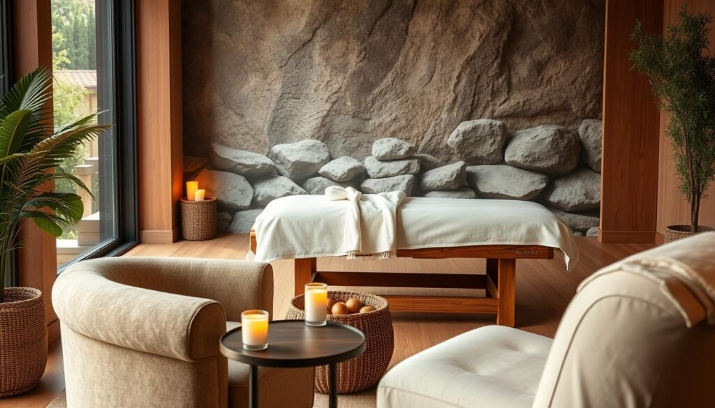 A serene spa-like scene with a warm, cozy atmosphere. In the foreground, a plush, oversized armchair sits next to a low table adorned with aromatic candles. The middle ground features a wooden massage table, draped in soft linens, set against a backdrop of soothing natural textures - smooth river stones, lush greenery, and natural sunlight filtering through a large window. The scene conveys a sense of tranquility and rejuvenation, inviting the viewer to experience the benefits of a professional Turkish massage in a peaceful, holistic setting.
