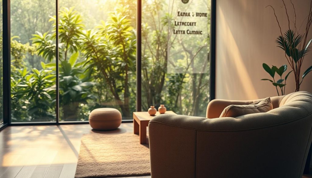 A serene, spa-like setting with a cozy, intimate atmosphere. The foreground features a plush, oversized armchair in a neutral, earthy tone, inviting the viewer to sink into its comfortable embrace. Soft, diffused lighting filters in through large windows, casting a warm, golden glow across the scene. In the middle ground, a low, wooden coffee table stands, adorned with a few carefully placed, minimal decor items, suggesting a tranquil, meditative space. The background is filled with lush, verdant foliage, hinting at a secluded, nature-inspired retreat, providing a sense of seclusion and escape from the bustling city. The overall mood is one of relaxation, rejuvenation, and a chance to reconnect with oneself, perfectly encapsulating the "Seans süresi ve sıklığı: 30-120 dakika aralığında esnek plan" section of the article.
