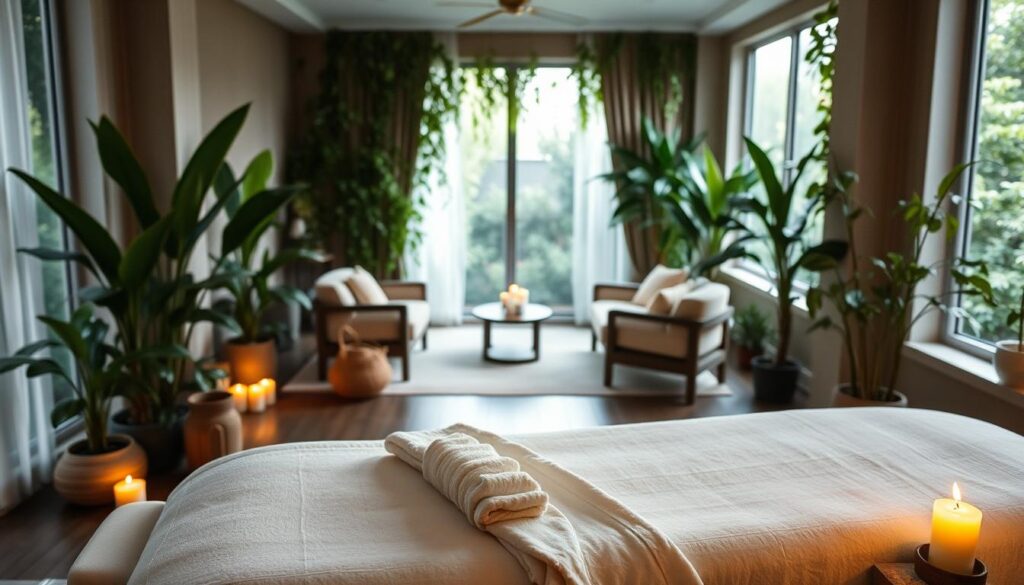 A serene spa-like setting with a focus on wellness and relaxation. A lush, verdant backdrop with potted plants and natural lighting filtering through large windows. In the foreground, a modern, minimalist massage table with plush linens and a selection of spa products and aromatherapy candles. The middle ground features a cozy seating area with comfortable upholstered chairs and a low table, suggesting a space for meditation or consultation. The overall atmosphere is one of tranquility, rejuvenation, and a holistic approach to self-care. The lighting is soft and diffused, creating a warm, inviting ambiance.