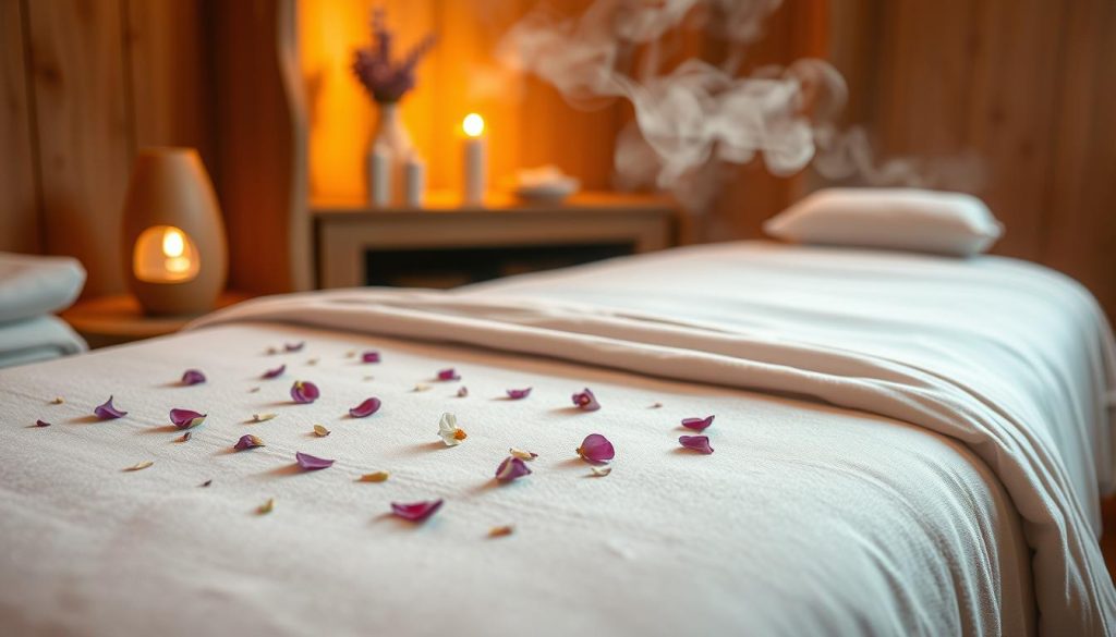 A serene spa-like setting with a plush massage table draped in soft linens, illuminated by warm ambient lighting. Wisps of aromatic steam rise from a diffuser nearby, filling the air with the soothing scents of lavender, bergamot, and geranium. Delicate flower petals are scattered across the surface, lending a natural, tranquil atmosphere. The camera angle captures the scene from a slightly elevated perspective, emphasizing the cozy, enveloping ambiance. Soft, diffused shadows accentuate the contours of the table and the gentle curves of the petals, creating a sense of depth and tactility. An overall sense of relaxation and mindful self-care permeates the image.
