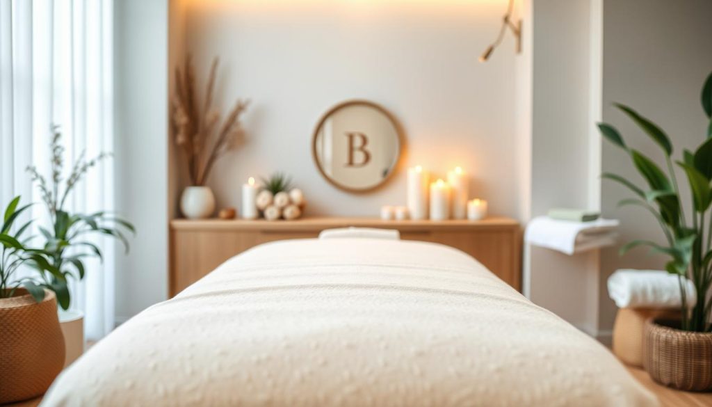 A serene spa-like setting with a soothing massage table in the foreground, surrounded by tranquil elements like candles, soft lighting, and calming greenery in the background. The scene conveys a sense of relaxation and well-being, hinting at the therapeutic benefits of massage and skincare. The overall atmosphere is calming, inviting, and visually pleasing, capturing the essence of the "Masaj ve Cilt Bakımının Faydaları" section.