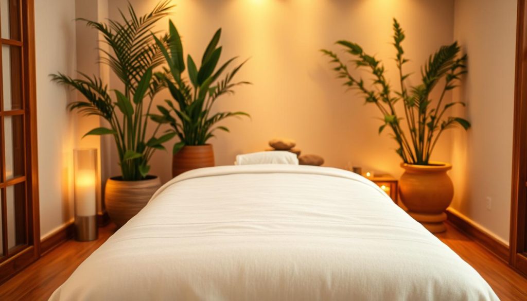 A serene spa-like setting with a wooden massage table in the foreground, draped in crisp white linens. Soft, warm lighting casts a cozy glow, while lush potted plants and natural textures like river stones create a tranquil, organic ambiance. The scene evokes a sense of rejuvenation and relaxation, perfectly capturing the essence of professional massage services like deep tissue, Thai, and reflexology techniques.