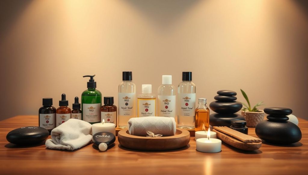 A serene, spa-like setting with an array of massage oils, stones, and other soothing accoutrements neatly arranged on a wooden table. The lighting is soft and warm, creating a calming, tranquil atmosphere. In the background, a neutral-toned wall serves as a minimalist backdrop, allowing the various massage modalities and their associated tools to take center stage. The composition is balanced and visually appealing, inviting the viewer to imagine the relaxing experience of choosing the ideal massage type to address their specific health and wellness needs.