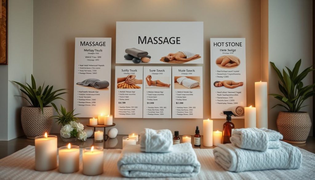 A serene, spa-like setting with an array of massage options and pricing displayed on clean, modern signage. The foreground features neatly arranged candles, towels, and massage oils, conveying a sense of tranquility and care. The middle ground showcases various massage modalities, such as deep tissue, Swedish, and hot stone, each with their corresponding prices. The background depicts a calming, neutral-toned ambiance with natural elements like potted plants and soothing lighting, creating an inviting and relaxing atmosphere. The overall composition should evoke a high-quality, affordable, and professional massage experience in Kadıköy.