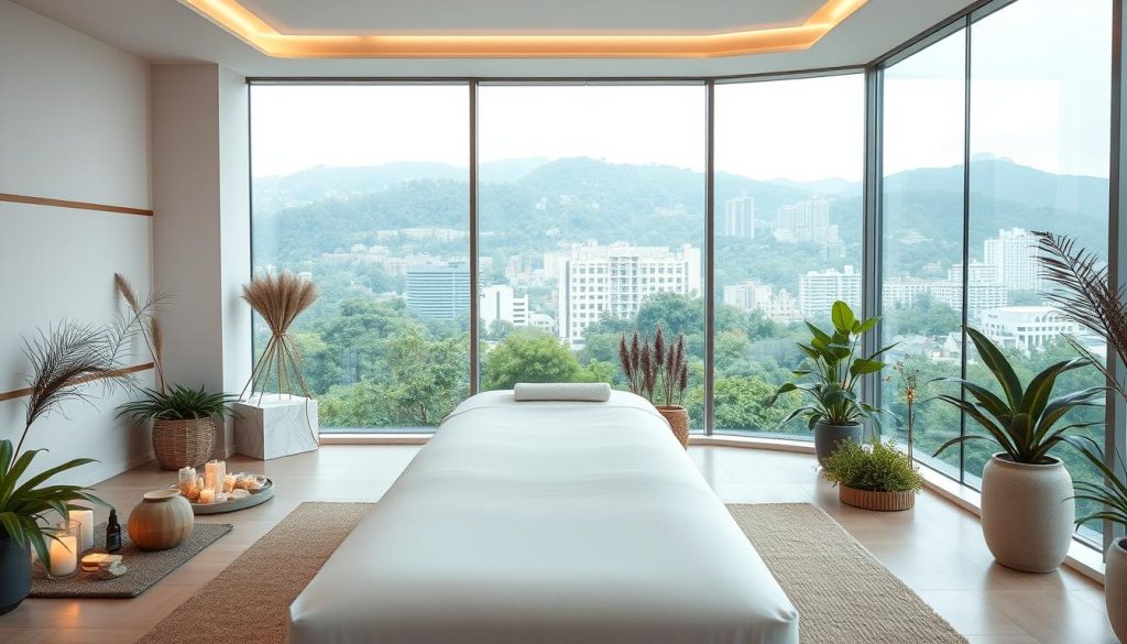 A serene spa-like setting, with soft lighting and a calming palette of earthy tones. A sleek, minimalist massage table sits in the center, surrounded by holistic wellness objects like crystals, essential oil diffusers, and lush greenery. The background features clean, modern architecture with large windows overlooking a verdant city skyline, blending the lines between interior and exterior. An atmosphere of tranquility and rejuvenation pervades the scene, inviting the viewer to embark on a sensory journey of relaxation and well-being.