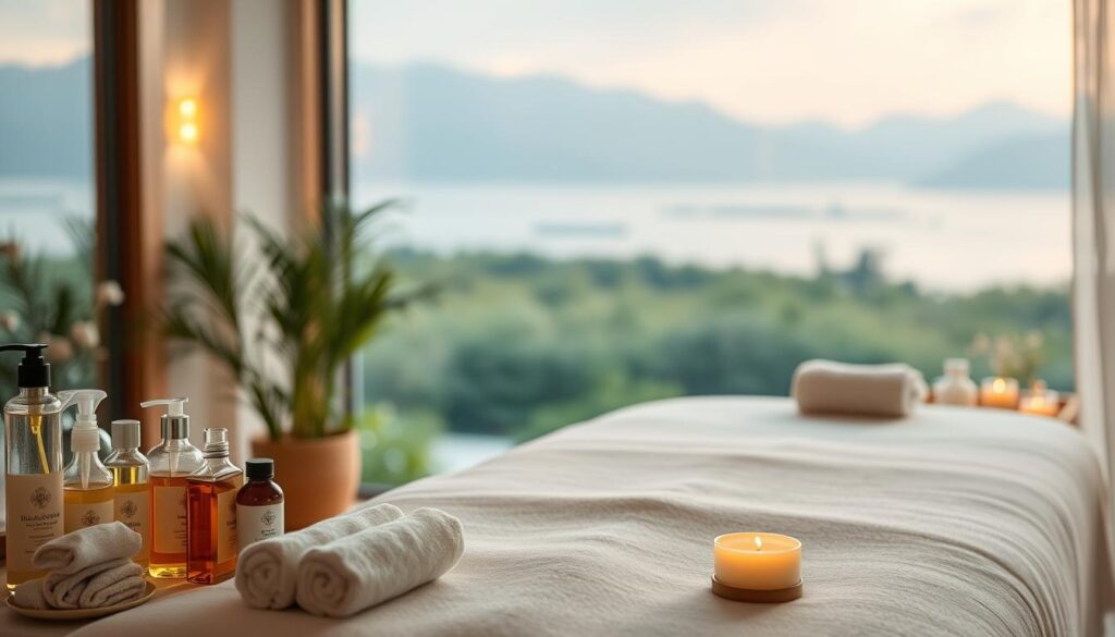 A serene spa-like setting, with soft lighting and calming colors. In the foreground, various massage oils, towels, and relaxation accessories are neatly arranged. The middle ground features a plush massage table, its crisp white linens inviting the viewer to imagine the soothing experience to come. In the background, a tranquil, natural scene unfolds, perhaps a lush garden or a peaceful waterscape, evoking a sense of harmony and well-being. The overall atmosphere is one of tranquility, self-care, and the restorative power of massage.
