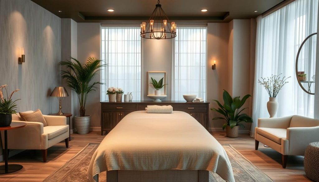 A serene spa-like setting with soft lighting and calming decor. A cozy massage table takes center stage, surrounded by elegant furnishings and lush greenery. The ambiance exudes professionalism and relaxation, inviting the viewer to imagine the experience of a trusted, high-quality massage service. Subtle textures and muted tones create a sophisticated, inviting atmosphere. The overall scene conveys a sense of tranquility and confidence in the quality of the massage center.