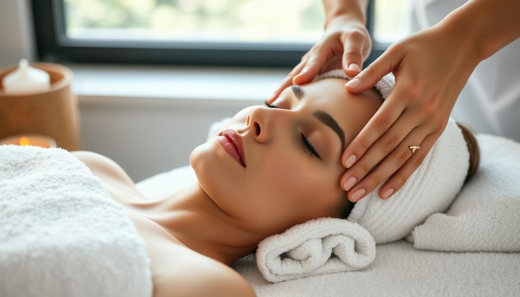 A serene, spa-like setting with soft natural lighting, featuring a woman's face resting on a plush white towel, her eyes closed in peaceful relaxation. The scene showcases a soothing facial massage technique, with elegant hands gently kneading the contours of her skin, promoting a sense of rejuvenation and radiance. The background is a tranquil, minimalist environment, accentuating the calming atmosphere. The overall composition conveys a harmonious, self-care experience that can be replicated in the comfort of one's own home.