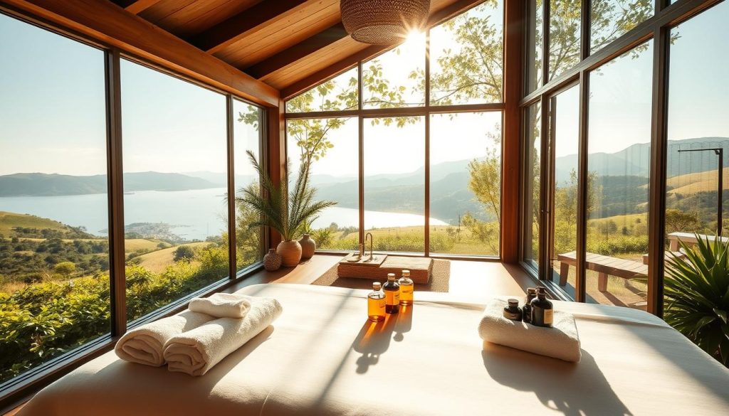 A serene spa retreat nestled amidst lush, verdant landscapes. Sunlight filters through large windows, casting a warm, soothing glow across the tranquil space. In the foreground, a luxurious massage table awaits, its crisp, white linens inviting relaxation. Plush towels and soothing oil bottles are artfully arranged, hinting at the restorative treatments to come. The middle ground features a cozy, yet minimalist seating area, where guests can unwind and sip herbal teas. In the background, a wall of floor-to-ceiling windows offers panoramic views of rolling hills and a distant, shimmering lake. The overall atmosphere exudes a sense of calming, holistic wellness, perfectly capturing the "Wellness Tatilinin Sağlık Üzerine Etkileri".