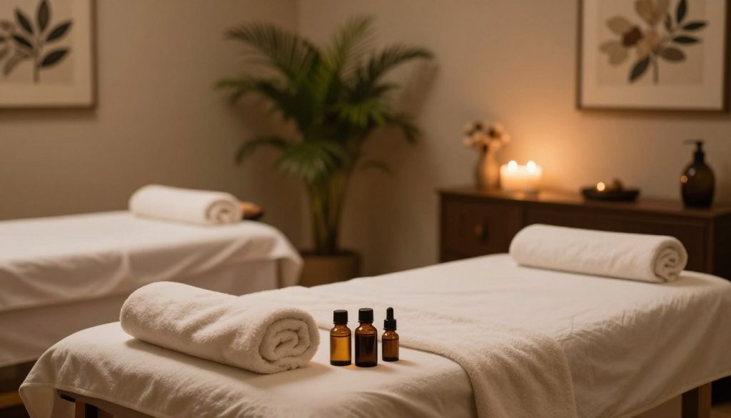 A serene spa setting featuring a beautifully arranged massage room. In the foreground, a neatly made massage table adorned with soft, fluffy towels and calming essential oils, evoking a sense of tranquility. The middle ground showcases a soothing ambiance, with dim lighting and soft, warm hues emanating from candles and gentle lamps. In the background, there are lush green plants and calming artwork on the walls, enhancing the peaceful atmosphere. The overall lighting is soft and inviting, creating a mood of relaxation and comfort. The composition emphasizes a welcoming environment for first-time massage guests, capturing the essence of professional wellness and self-care without depicting any human figures.