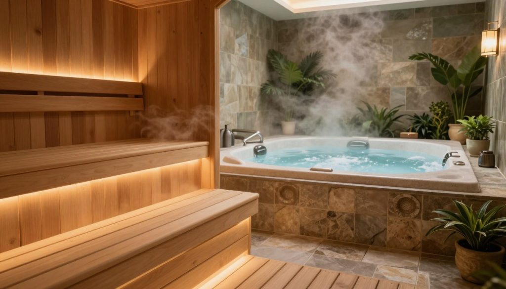 A serene spa setting featuring a luxurious sauna and steam room, designed for relaxation and wellness. In the foreground, a beautiful wooden sauna with soft, indirect lighting emanating a warm glow, steam gently rising from inside. The middle ground showcases a relaxing jacuzzi filled with clear, bubbling water, surrounded by smooth stone tiles and lush green plants, creating a tranquil atmosphere. In the background, soft ambient lighting highlights the calming decor and finishes, enhancing the serene vibe. The scene should evoke a feeling of peace and rejuvenation, inviting viewers to imagine themselves indulging in a wellness retreat. The image should be rich in textures, emphasizing warmth and relaxation without any human presence.