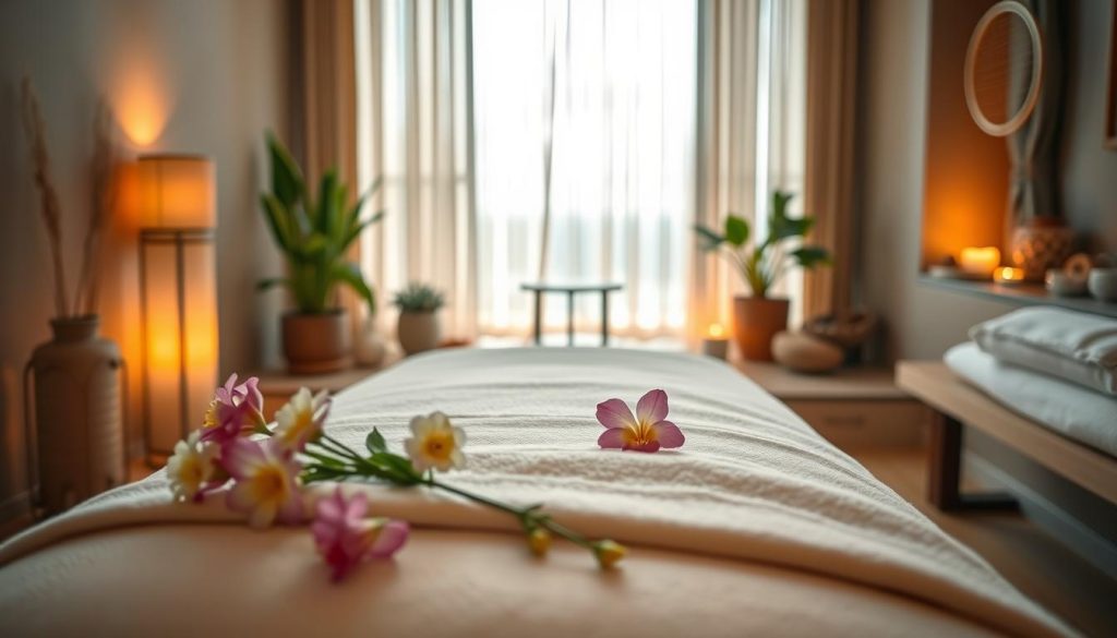 A serene spa setting, with a focus on wellness and massage experiences. The foreground features a plush massage table adorned with fresh flowers and soft linens, inviting the viewer to indulge in a rejuvenating treatment. The middle ground showcases a tranquil indoor environment, with warm lighting filtering through sheer curtains, creating a calming ambiance. In the background, subtle elements of nature, such as potted plants and natural stone accents, complement the overall spa-like atmosphere. The scene exudes a sense of relaxation and harmony, perfectly capturing the essence of the "Spa Wellness ve Masaj Deneyimleri" section.
