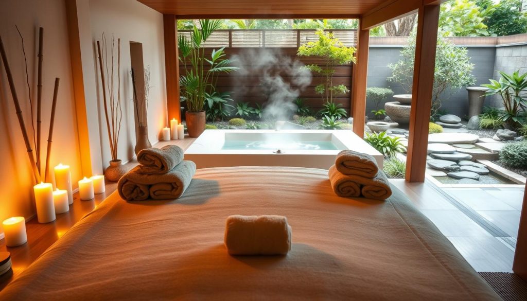 A serene spa setting with a massage table in the foreground, surrounded by plush towels, aromatherapy candles, and soothing natural elements like bamboo and river stones. Warm, diffused lighting casts a relaxing glow, creating a sense of tranquility. The middle ground features a soothing wet area with a deep soaking tub and steam rising, inviting the viewer to imagine the rejuvenating experience. In the background, a zen-inspired garden with lush greenery and a calming water feature completes the holistic, restorative atmosphere.