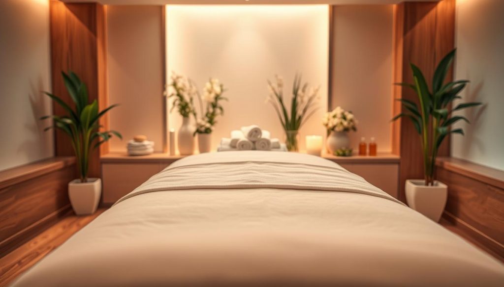 A serene spa setting with a plush massage table taking center stage. Warm, diffused lighting casts a soothing glow, highlighting the smooth, polished wood accents. In the background, lush, verdant plants and delicate floral arrangements create a tranquil, natural ambiance. Calming fragrances of essential oils fill the air, setting the stage for a rejuvenating and indulgent massage experience. The table is draped with soft, luxurious linens, inviting the viewer to imagine the relaxing kese massage ritual unfolding. An atmosphere of absolute calm and tranquility pervades the scene, conveying the essence of a restorative Istanbul massage retreat.