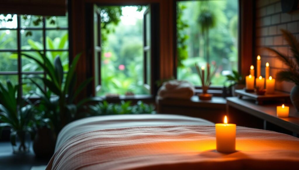 A serene spa setting with a tranquil massage table in the foreground, surrounded by lush greenery and natural elements. Soft lighting creates a relaxing ambiance, casting warm shadows and highlights on the smooth wooden surfaces. Aromatherapy candles flicker gently, their soothing scents wafting through the air. In the background, a picturesque window frames a view of a peaceful garden, conveying a sense of harmony and well-being. The overall composition evokes a holistic, therapeutic experience that showcases the health benefits of spa and massage treatments.