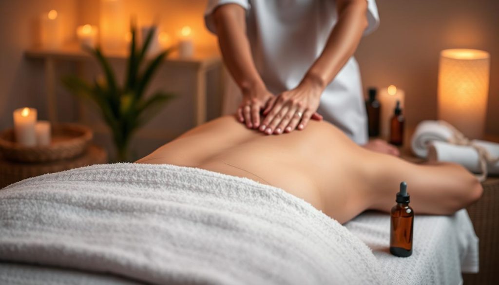 A serene spa setting, with a tranquil massage therapist's hands delicately kneading the tense muscles of a client's back. Warm, diffused lighting casts a soothing glow, creating an atmosphere of relaxation. The masseuse's deft touch gradually releases the client's built-up stress, visibly melting away the strain. Soft, plush towels adorn the massage table, while calming aromatherapy oils linger in the air. A sense of stillness and mindfulness pervades the scene, capturing the therapeutic power of touch to alleviate tension and restore balance.
