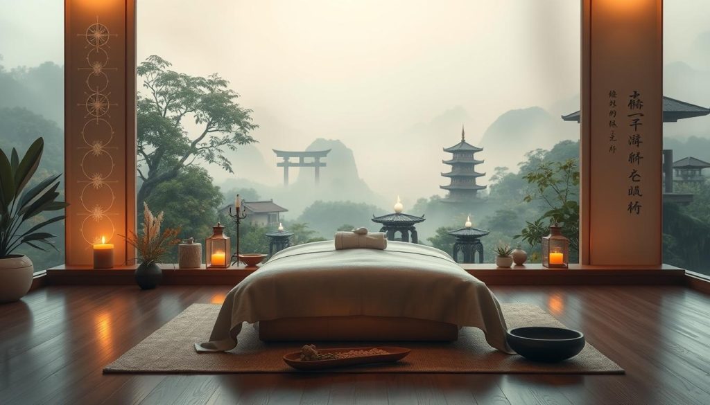 A serene spa setting with a warm, diffused lighting illuminating the calming energy points, delicate meridian lines, and intricate acupuncture needles arranged in a harmonious display. In the middle ground, a tranquil shiatsu massage table surrounded by soothing incense, therapeutic herbs, and the subtle elements of reiki healing. The background features a serene, traditional Asian-inspired landscape with lush foliage, pagodas, and a calming, mist-shrouded atmosphere, evoking the ancient wisdom and holistic philosophy of Eastern wellness practices.