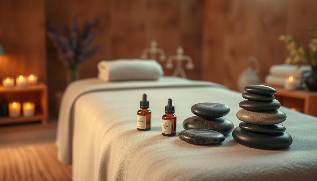 A serene spa setting with a wooden massage table, draped in soft linens, bathed in warm, diffused lighting. On the table, an array of fragrant essential oils, candles, and smooth river stones await. The air is filled with the soothing aroma of lavender, bergamot, and ylang-ylang, creating a calming, meditative atmosphere. The scene evokes a sense of tranquility and rejuvenation, inviting the viewer to imagine the luxurious experience of an aromatherapy massage.