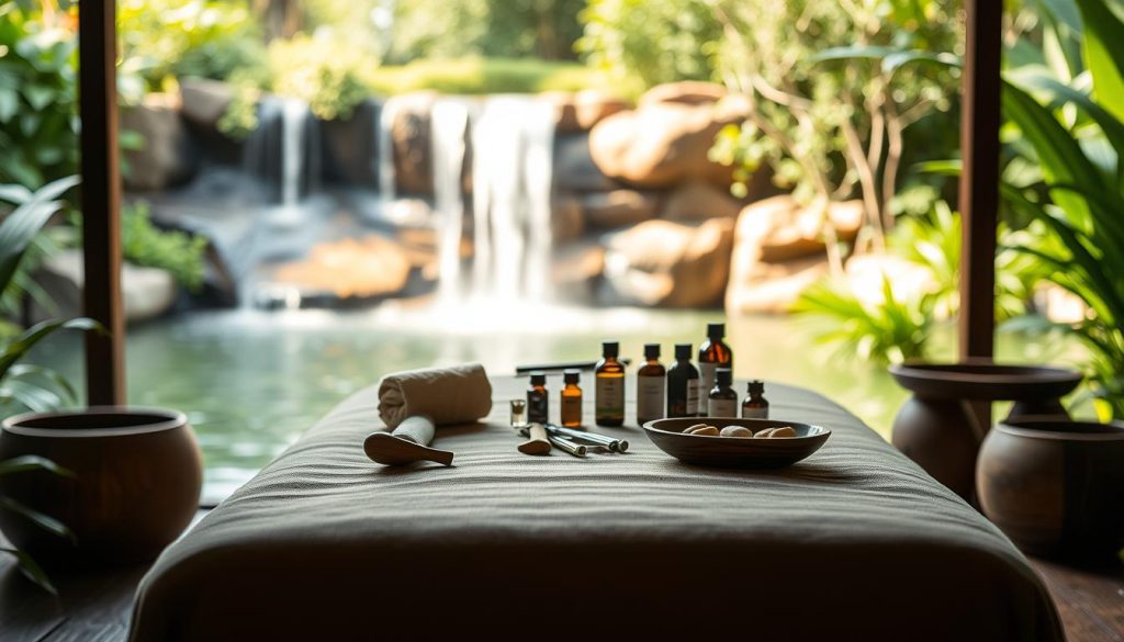 A serene spa setting with a wooden massage table in the foreground, surrounded by lush greenery and calming natural lighting. On the table, various massage tools and oils are neatly arranged, hinting at the "medical and mixed therapy" approach. In the background, a soothing waterfall cascades, creating a tranquil ambiance. The overall atmosphere evokes a sense of relaxation, wellness, and rejuvenation, perfectly capturing the essence of the "Medikal ve Mix Terapi Masajı" experience.