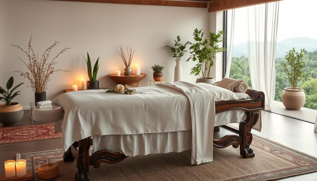A serene spa setting with an array of massage modalities. The foreground features an ornate wooden massage table draped in crisp white linens, accompanied by delicate floral accents and soothing candles. The middle ground showcases a tranquil, minimalist ambiance with soft ambient lighting, potted plants, and relaxing Turkish rugs. The background depicts a calming, natural landscape with lush foliage and a hint of a distant mountainous horizon. The overall atmosphere evokes a sense of rejuvenation, wellness, and restorative pampering. A serene spa setting with an array of massage modalities. The foreground features an ornate wooden massage table draped in crisp white linens, accompanied by delicate floral accents and soothing candles. The middle ground showcases a tranquil, minimalist ambiance with soft ambient lighting, potted plants, and relaxing Turkish rugs. The background depicts a calming, natural landscape with lush foliage and a hint of a distant mountainous horizon. The overall atmosphere evokes a sense of rejuvenation, wellness, and restorative pampering.