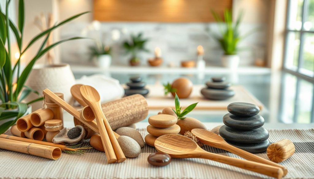 A serene spa setting with an array of massage tools and techniques. The foreground features a collection of natural massage implements like bamboo, river stones, and wooden utensils arranged artfully. The middle ground showcases a tranquil scene of various massage modalities, such as Swedish, deep tissue, hot stone, and aromatherapy. The background depicts a calming, spa-like environment with soft lighting, plants, and natural textures. The overall mood is one of relaxation, wellness, and the art of therapeutic touch. The image should convey the essence of the most popular massage techniques learned from skilled masseuses.