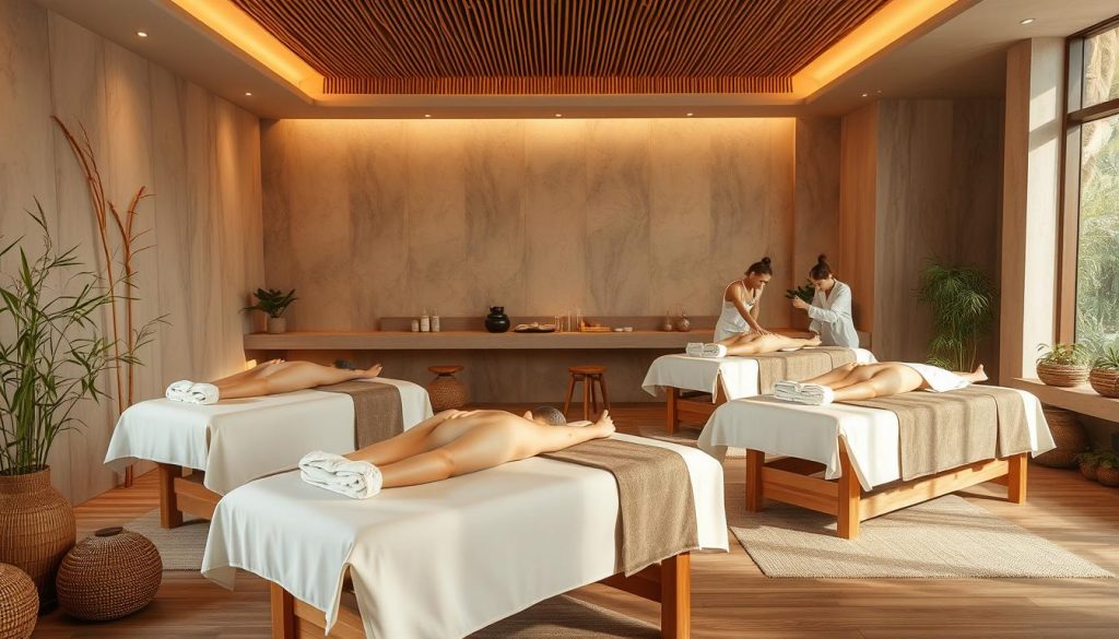 A serene spa setting with modern massage tables, soft lighting, and natural elements like bamboo, stones, and plants. Skilled massage therapists use various techniques like Swedish, deep tissue, and hot stone massage, creating a tranquil atmosphere for relaxation and rejuvenation. The scene conveys a sense of balance, harmony, and holistic well-being, reflecting the evolution of massage as a therapeutic practice in alternative medicine.