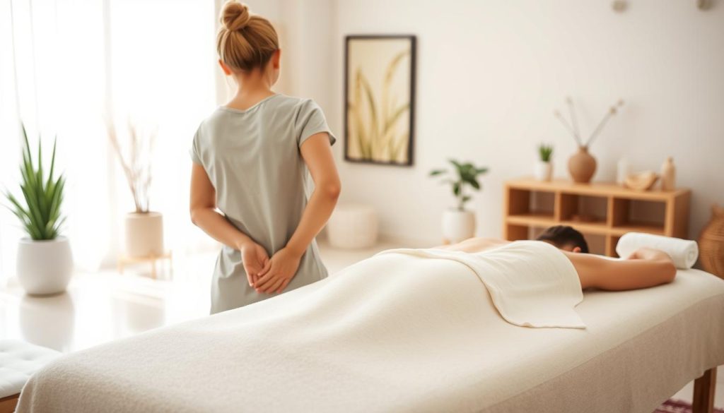 A serene spa setting with natural lighting and soothing ambiance. The foreground features a female massage therapist, her hands skillfully kneading the back of a relaxed client on a plush massage table. The middle ground showcases the tranquil, minimalist decor of the spa, with potted plants, subtle artwork, and soft, warm tones. The background gently blurs, creating a sense of peaceful isolation. The overall mood is one of relaxation, comfort, and the expertise of the female massage therapist.