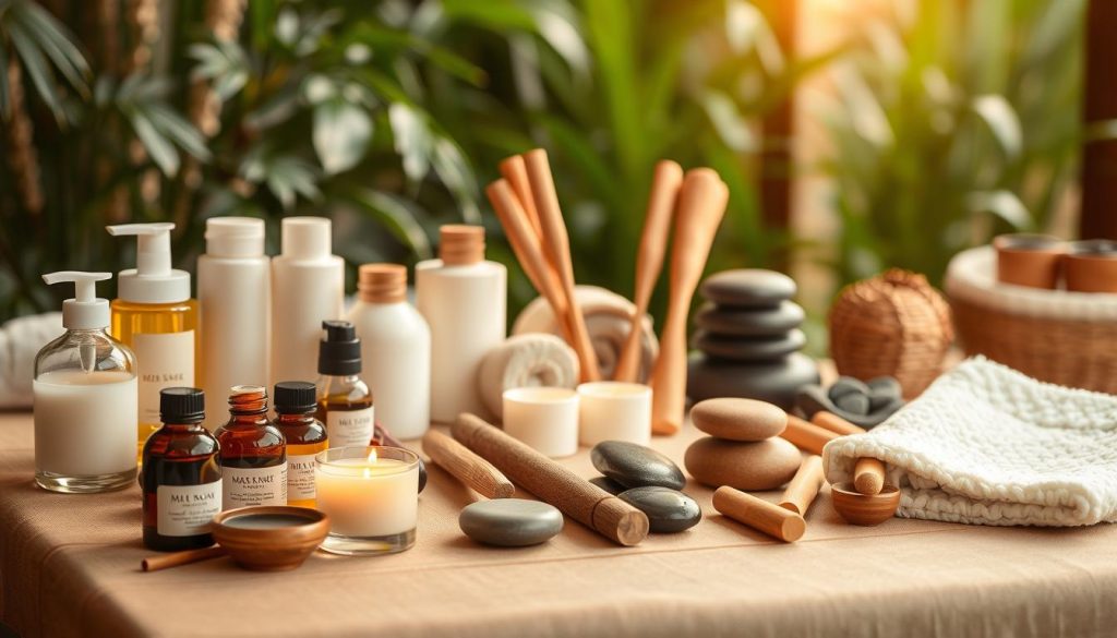 A serene spa setting with various massage tools and techniques laid out on a wooden table. Soft lighting casts a warm glow, creating a calming atmosphere. In the foreground, a collection of massage oils, lotions, and aromatherapy candles sit neatly arranged. In the middle ground, a variety of massage implements such as smooth river stones, wooden massage sticks, and plush massage mitts are displayed. The background features lush greenery and soothing natural textures, evoking a tranquil, spa-like ambiance. The overall composition suggests a comprehensive display of diverse massage modalities and their associated implements.