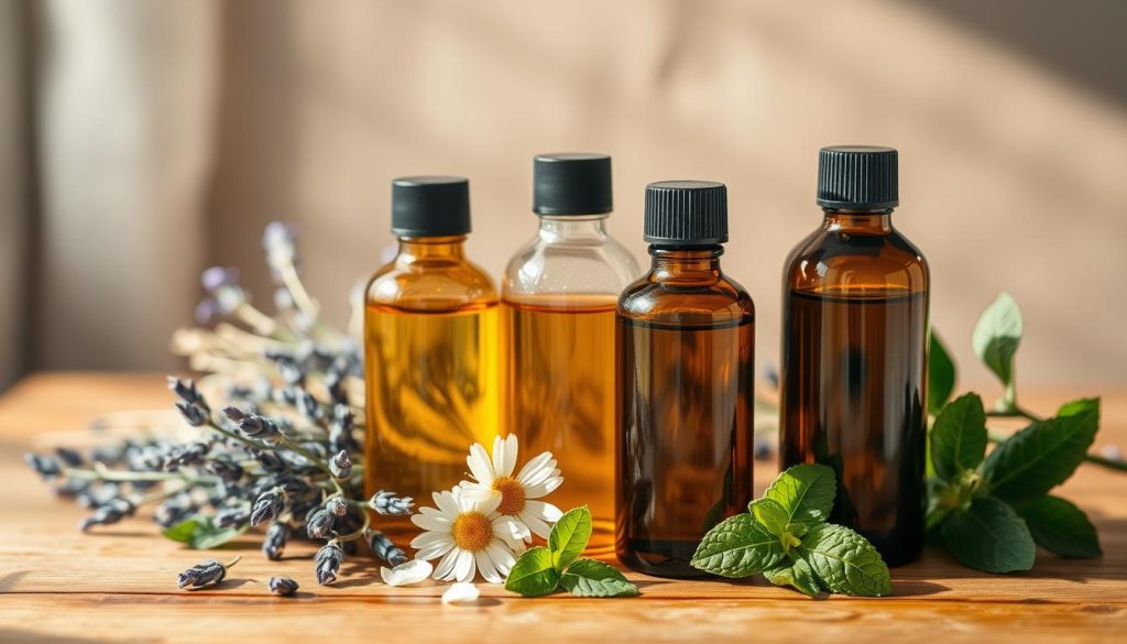 A serene still life arrangement showcasing an assortment of aromatherapy oils in glass bottles. The bottles are positioned on a wooden surface, with dried lavender sprigs, chamomile flowers, and fresh mint leaves scattered around them. Soft, natural lighting filters through the scene, creating a warm, soothing atmosphere. The overall composition evokes a sense of tranquility and the therapeutic benefits of essential oils. The image should have a high level of detail, with a focus on the textures and colors of the natural elements.