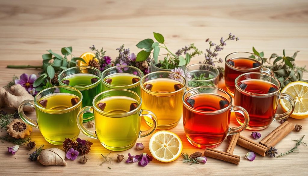 A serene still life composition showcasing an array of aromatic herbal teas. In the foreground, an assortment of glass teacups and infusers filled with vibrant green, red, and amber liquid extracts from various medicinal plants. Surrounding the cups, a collection of fresh herbs, dried flowers, and botanical elements such as ginger, lemon slices, and cinnamon sticks, create a soothing, natural atmosphere. The middle ground features a smooth, polished wooden surface, acting as a neutral backdrop to highlight the organic textures and colors of the tea ingredients. Soft, diffused lighting from above casts gentle shadows, emphasizing the delicate, earthy tones. The overall scene conveys a sense of tranquility and wellness, perfectly capturing the essence of "su ve bitki çayları" as a natural solution for edema and circulation issues.