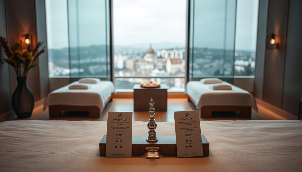 A serene, symmetrical scene showcasing the balance between price and quality. In the foreground, an assortment of massage packages and service options are elegantly displayed, each with a distinct price tag. The middle ground features a calming, minimalist spa interior, with soft lighting and soothing textures. In the background, a panoramic view of the Kadıköy district sets the stage, hinting at the diverse range of offerings available to discerning customers. The overall composition conveys a sense of refinement, professionalism, and the pursuit of the perfect harmony between affordability and exceptional service.