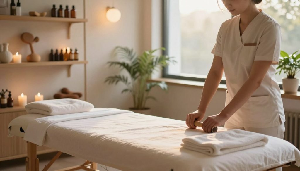 A serene therapy room designed for massage therapy, emphasizing the importance of therapist selection. In the foreground, a neatly arranged massage table is set with soft linens and calming essential oils. In the middle ground, shelves filled with various massage tools and oils display the expertise offered. The background showcases a large window letting in gentle, warm sunlight that creates a tranquil atmosphere, with soft green plants adding a touch of nature. The scene conveys a mood of relaxation and professionalism. The lighting is soft and warm, simulating a cozy, inviting environment. The composition is well-balanced, with a focus on the therapist's tools, embodying the concept of specialized expertise in massage therapy without featuring any human subjects or text. A serene therapy room designed for massage therapy, emphasizing the importance of therapist selection. In the foreground, a neatly arranged massage table is set with soft linens and calming essential oils. In the middle ground, shelves filled with various massage tools and oils display the expertise offered. The background showcases a large window letting in gentle, warm sunlight that creates a tranquil atmosphere, with soft green plants adding a touch of nature. The scene conveys a mood of relaxation and professionalism. The lighting is soft and warm, simulating a cozy, inviting environment. The composition is well-balanced, with a focus on the therapist's tools, embodying the concept of specialized expertise in massage therapy without featuring any human subjects or text.