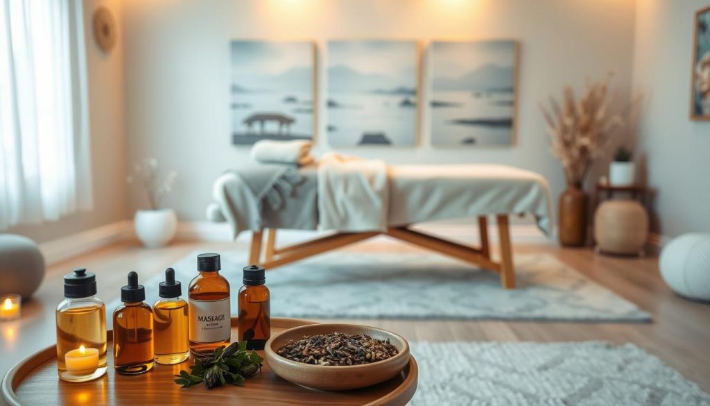 A serene therapy room designed for pain management, featuring a cozy massage table at the center surrounded by soothing decor. In the foreground, a selection of massage oils and natural herbs on a small table, emphasizing a holistic approach. In the middle, soft ambient lighting creates a warm atmosphere, reflecting on the gentle textures of the soft blankets and cushions draped over the massage table. The background showcases a calming wall with tranquil artwork depicting serene landscapes, promoting relaxation. The overall mood is peaceful and rejuvenating, inviting viewers into a space dedicated to alleviating back, neck, and shoulder pain through therapeutic massage. The composition captures both comfort and professionalism, ideal for readers seeking effective pain relief solutions.