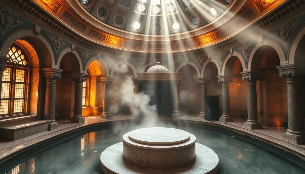 A serene, traditional Turkish bathhouse nestled in the heart of historic Istanbul. A majestic, domed structure with intricate stonework and warm, amber lighting. Sunlight filters through ornate windows, casting a soft, golden glow across the grand, central marble plinth. Steaming pools and tranquil alcoves invite visitors to unwind and immerse themselves in the timeless, relaxing ambiance. Ornate, carved ceilings and ornamental arches frame the scene, transporting one to a bygone era of Ottoman opulence. The hushed, meditative atmosphere and soothing, moist heat evoke a sense of timeless tradition and rejuvenation.