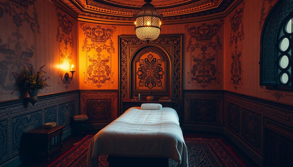 A serene, traditional Turkish massage room in Istanbul, with warm, muted lighting casting a soft glow. Intricate, ornate patterns adorn the walls, reflecting the rich cultural heritage. A plush, velvety massage table stands in the center, inviting the viewer to imagine the restorative experience. The room is filled with the aroma of fragrant oils and the peaceful ambiance of a bygone era. The scene evokes a sense of timeless tranquility, showcasing the centuries-old massage traditions that have flourished in this vibrant city.