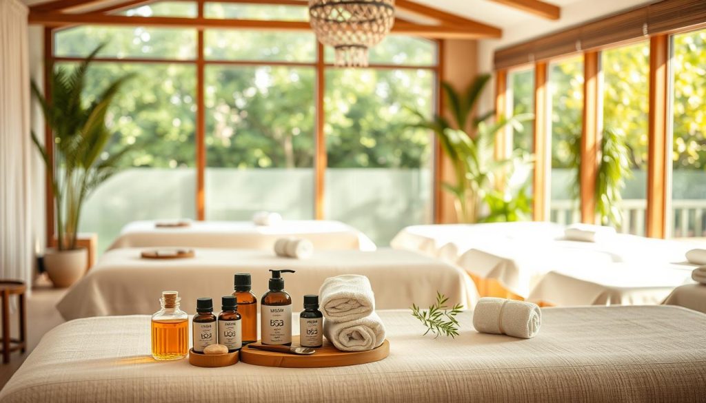 A serene, tranquil massage studio in the heart of Avrupa Yakası, sunlit and cozy, with an array of soft, plush massage tables. In the foreground, a selection of aromatic essential oils, towels, and massage tools neatly arranged. In the middle ground, a holistic display of various massage techniques, from long, soothing strokes to deep tissue kneading. The background features lush, calming greenery and soothing ambient lighting, creating a harmonious, restorative atmosphere. The overall composition conveys a sense of relaxation, rejuvenation, and the expertise of the local massage practitioners.