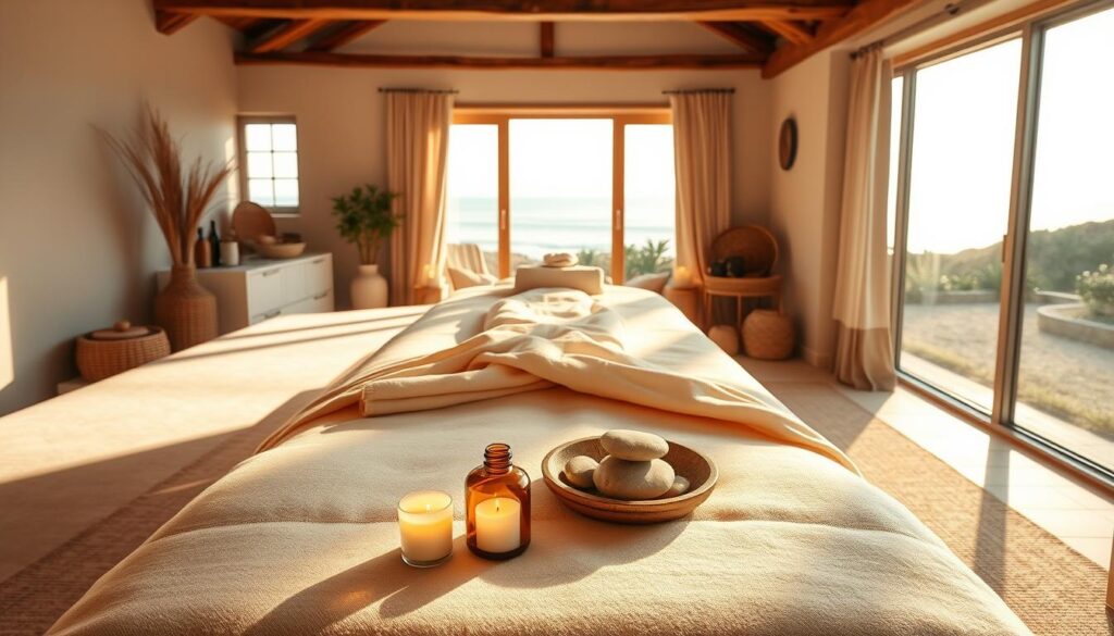 A serene, tranquil massage therapy setting with an array of soothing elements. The foreground features a plush massage table draped in soft, luxurious linens, bathed in warm, diffused lighting. Surrounding the table, an assortment of holistic wellness items such as fragrant candles, aromatic essential oils, and a bowl of smooth river stones. The middle ground showcases a calming, minimalist interior with muted tones and natural textures, like exposed wood beams and woven baskets. In the background, a panoramic view of a peaceful, sun-dappled landscape, perhaps a serene garden or a tranquil seascape, creating a sense of escape and relaxation.