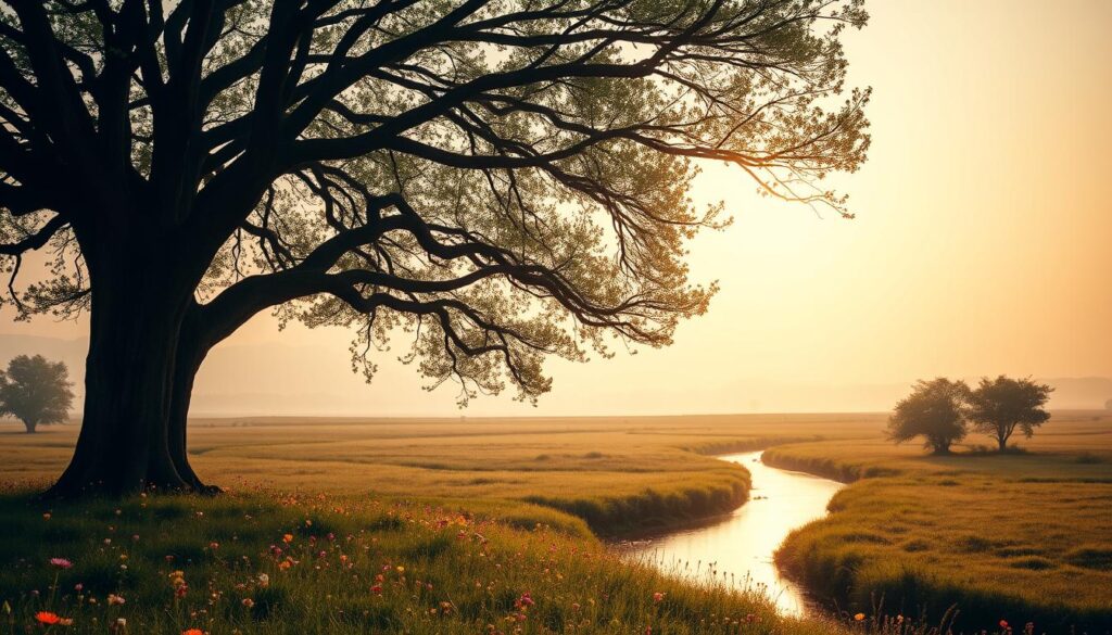 A serene, tranquil scene depicting the essence of mental well-being and inner peace. A magnificent tree, its branches reaching towards the sky, casting a gentle, calming shadow over a peaceful meadow. The foreground is adorned with vibrant wildflowers, symbolizing the beauty and vitality of a healthy mind. In the middle ground, a meandering stream reflects the calming sky above, its soothing sounds inviting the viewer to slow down and find solace. The background is a soft, hazy horizon, bathed in warm, golden light, conveying a sense of hope and inner contentment. The overall mood is one of balance, harmony, and a deep connection with the natural world, capturing the essence of "ruh sağlığı" - the state of mental and emotional well-being.