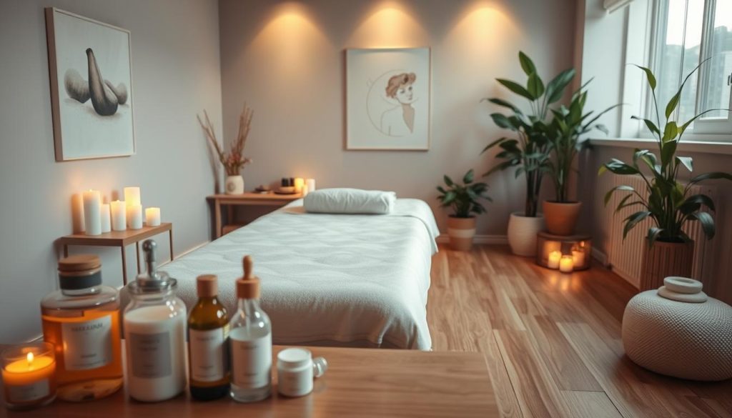 A serene, tranquil scene of a cozy massage parlor in the heart of bustling Istanbul. Soft, warm lighting casts a comforting glow, highlighting the smooth, polished wooden floors and soothing neutral tones of the decor. In the foreground, an array of massage oils, lotions, and natural aromatherapy candles create an inviting ambiance. The middle ground features a plush, modern massage table, its clean lines and minimalist design exuding an atmosphere of relaxation. In the background, subtle, abstract wall art and lush, verdant potted plants add a sense of rejuvenation and balance, transporting the viewer to a sanctuary of personalized, restorative massage techniques tailored to the individual's needs.