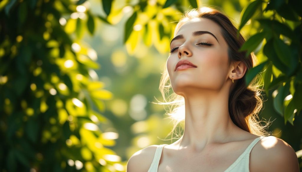 A serene, tranquil scene of a woman in a peaceful, natural setting, deeply inhaling and exhaling. The background features lush, verdant foliage, with soft, warm lighting filtering through the leaves, creating a calming, almost ethereal atmosphere. The woman's face is relaxed, her eyes closed, as she focuses intently on her breathing, a expression of pure contentment and rejuvenation. The composition emphasizes the connection between breath, beauty, and overall well-being, with a sense of balance and harmony permeating the entire image.