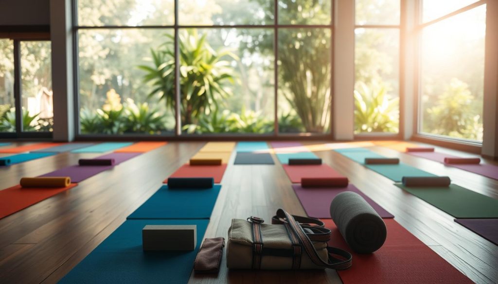 A serene, tranquil scene of a yoga studio filled with natural light. Rows of colorful yoga mats line the wooden floor, leading the eye towards a wall of large windows overlooking a lush, verdant garden. Soft, diffused lighting filters in, casting a warm, calming glow over the space. In the foreground, a collection of yoga props - blocks, straps, and bolsters - are neatly arranged, ready to support mindful practice. The atmosphere radiates a sense of balance, flexibility, and inner peace, inviting the viewer to find their own path to relaxation and wellness.