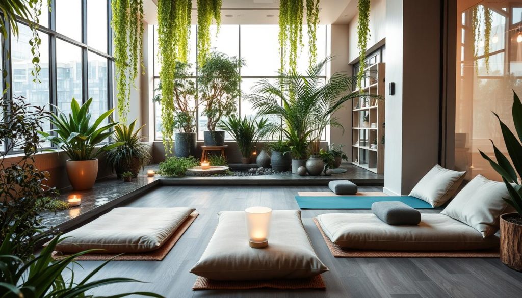 A serene urban oasis, a vibrant wellness retreat amidst the bustling streets of Istanbul. Cascading greenery and soothing water features create a tranquil sanctuary, inviting weary professionals to find respite and rejuvenation. Soft, diffused lighting filters through large windows, casting a warm, therapeutic glow. Plush, earthy-toned furnishings and natural materials evoke a sense of grounding and balance. Yoga mats and meditation cushions beckon to the mind and body, while calming aromatherapy diffusers release subtle scents to calm the senses. This serene, spa-like setting offers a haven from the stresses of corporate life, empowering individuals to cultivate inner peace and rediscover their well-being.