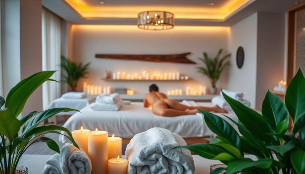 A serene, well-lit massage parlor interior with a calming, spa-like ambiance. Plush massage tables, soothing lighting, and an array of aromatic candles set the relaxing mood. In the foreground, vibrant green potted plants and soft, fluffy towels create a sense of natural, holistic healing. The middle ground features a masseuse's skilled hands expertly working on a client's back, conveying the therapeutic benefits of massage. The background showcases a tranquil, minimalist decor with hints of natural wood and soft, neutral tones. The overall scene evokes a serene, rejuvenating experience that highlights the health advantages of massage therapy.